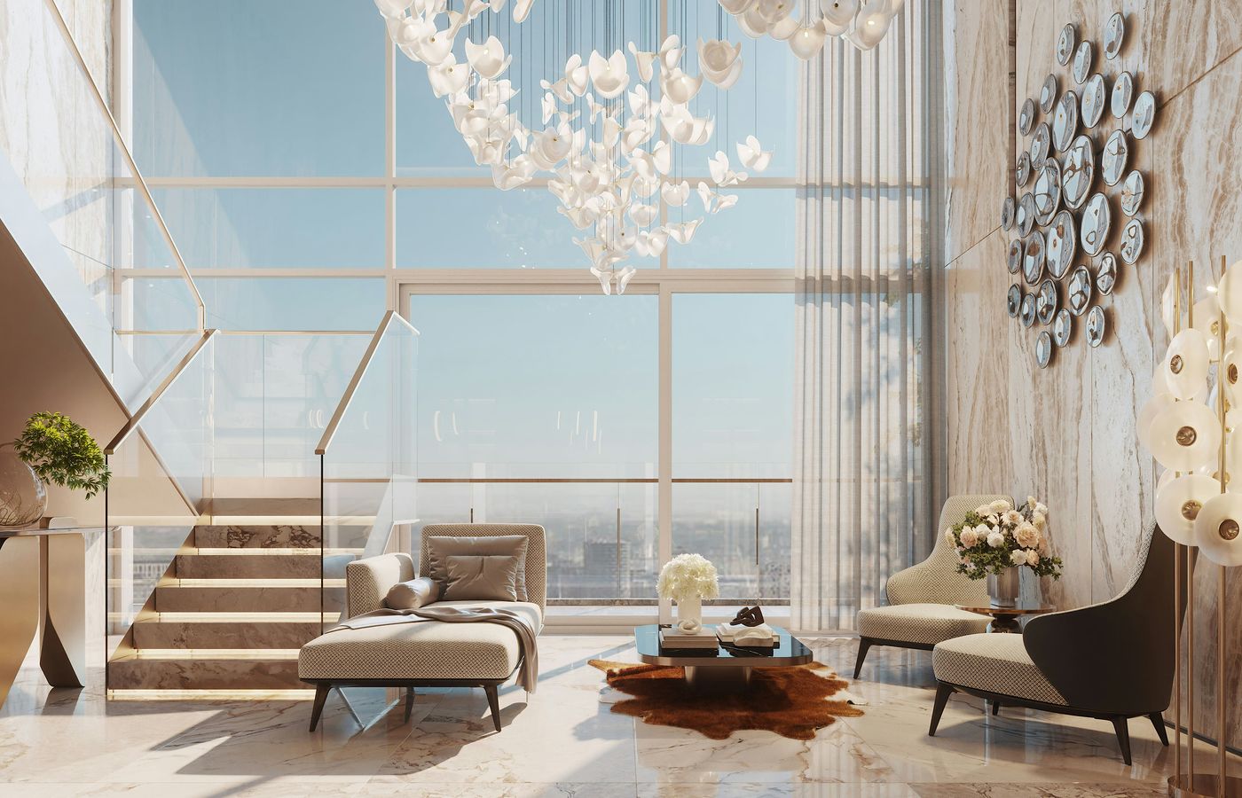 Contemporary double-height interior visualization with large windows and staircase